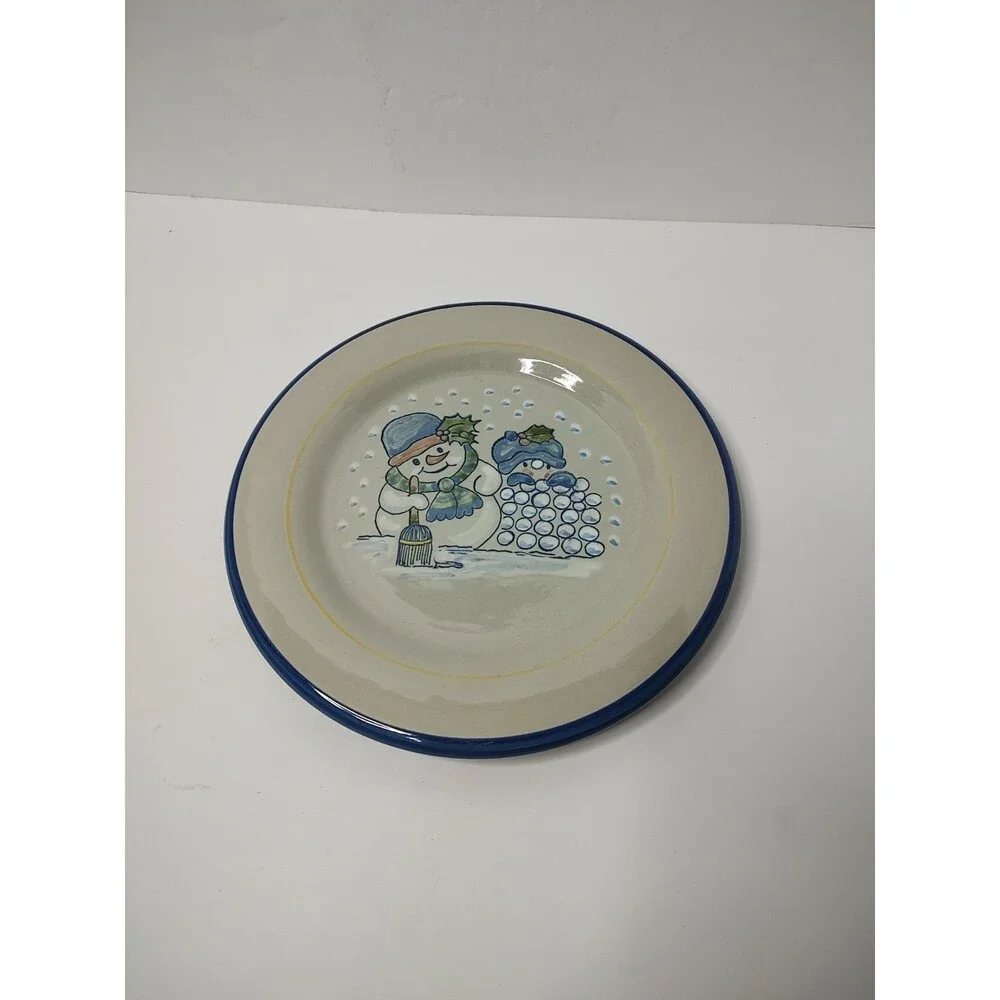 Louisville Stoneware Plate W/Snowman Blue Rim Kentucky USA 9 1/2